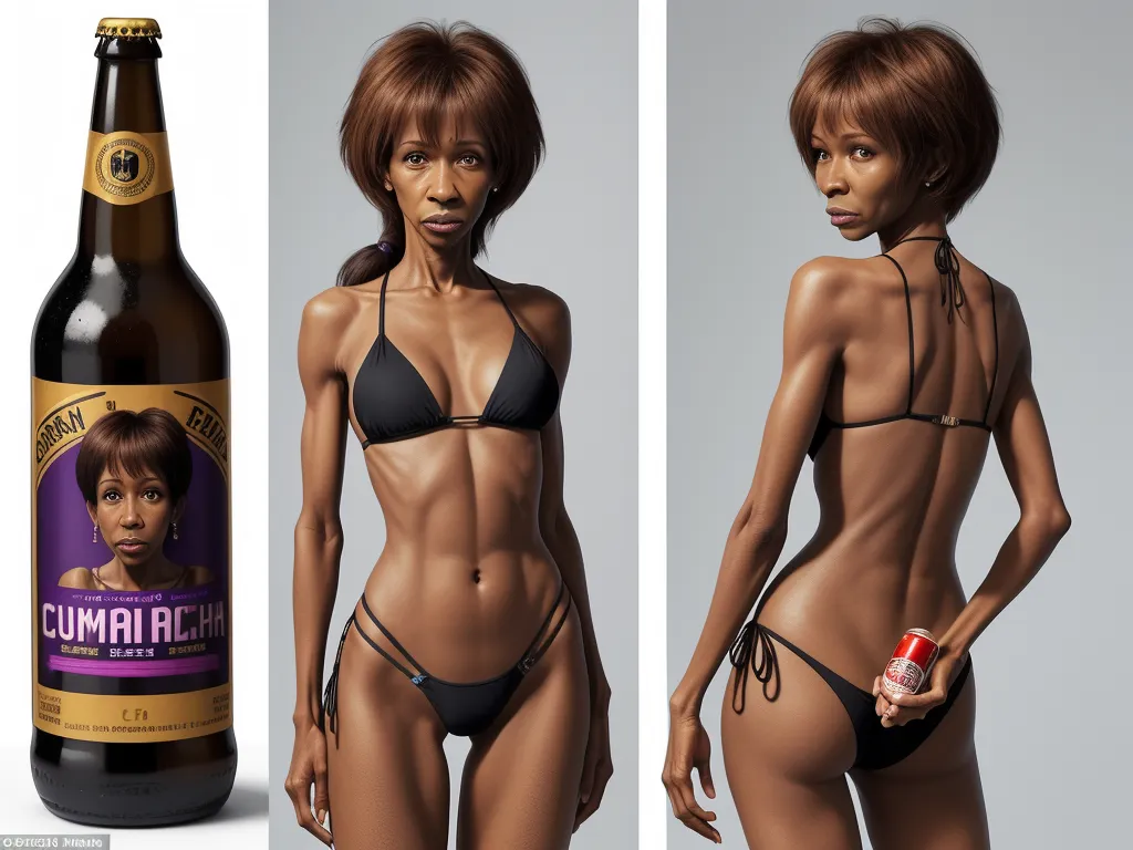text to image ai generator - a woman in a bikini next to a bottle of beer and a bottle of beer in a bikini with a woman's face, by Terada Katsuya