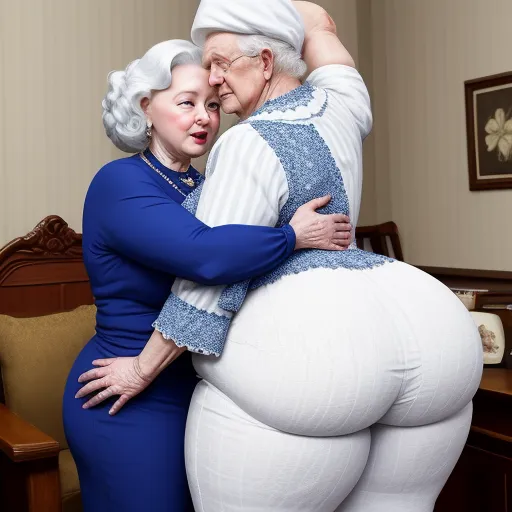 a woman hugging a giant white ball in a room with a chair and a desk in the background and a man in a blue shirt and white suit, by Botero