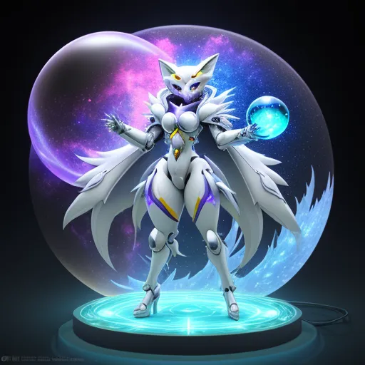 a white pokemon figure standing in front of a bubble ball with a blue light on it's side, by Toei Animations