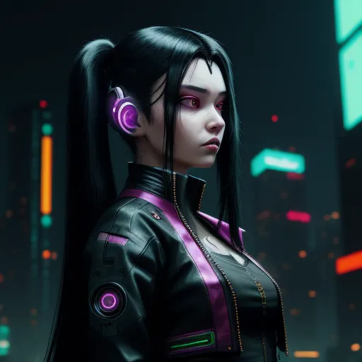 text to image ai generator - a woman with long black hair and headphones on her ears in a futuristic city at night with neon lights, by François Louis Thomas Francia