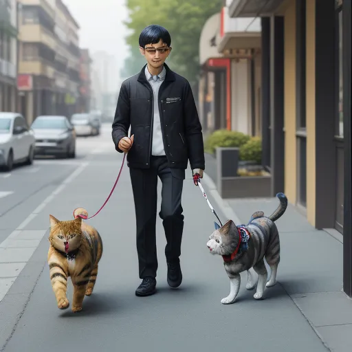 a man walking two cats and a dog on a leash on a city street with buildings in the background, by Huang Tingjian