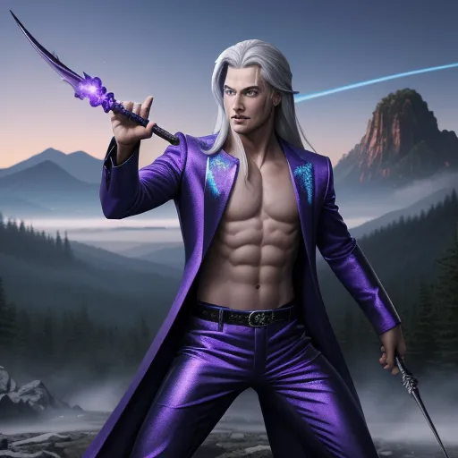 ai based photo enhancer - a man with a sword and a purple suit on holding a sword in his hand and a mountain in the background, by Baiōken Eishun