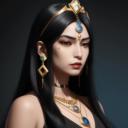 a woman with long black hair wearing a gold and blue necklace and earrings with a diamond and turquoise stone, by Tom Bagshaw