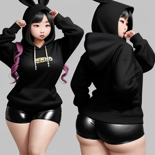 convert photo to high resolution - a woman in a black hoodie with a bunny ears on her head and a black shorts on her knees, by Terada Katsuya