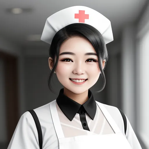 a woman in a nurse uniform is smiling for the camera while wearing a red cross hat and black tie, by Chen Daofu