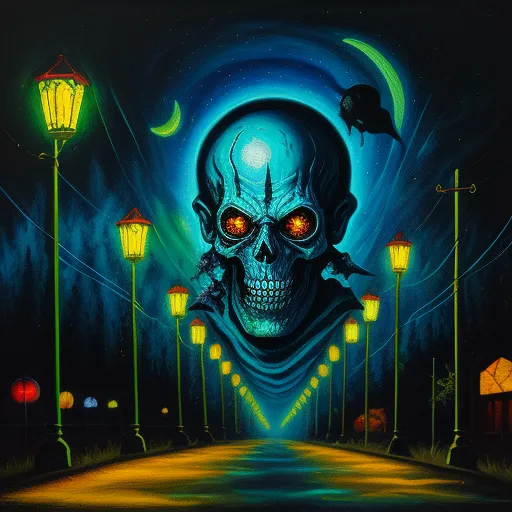 a painting of a skull with glowing eyes and a full moon in the background with street lights and a full moon in the sky, by Naoto Hattori