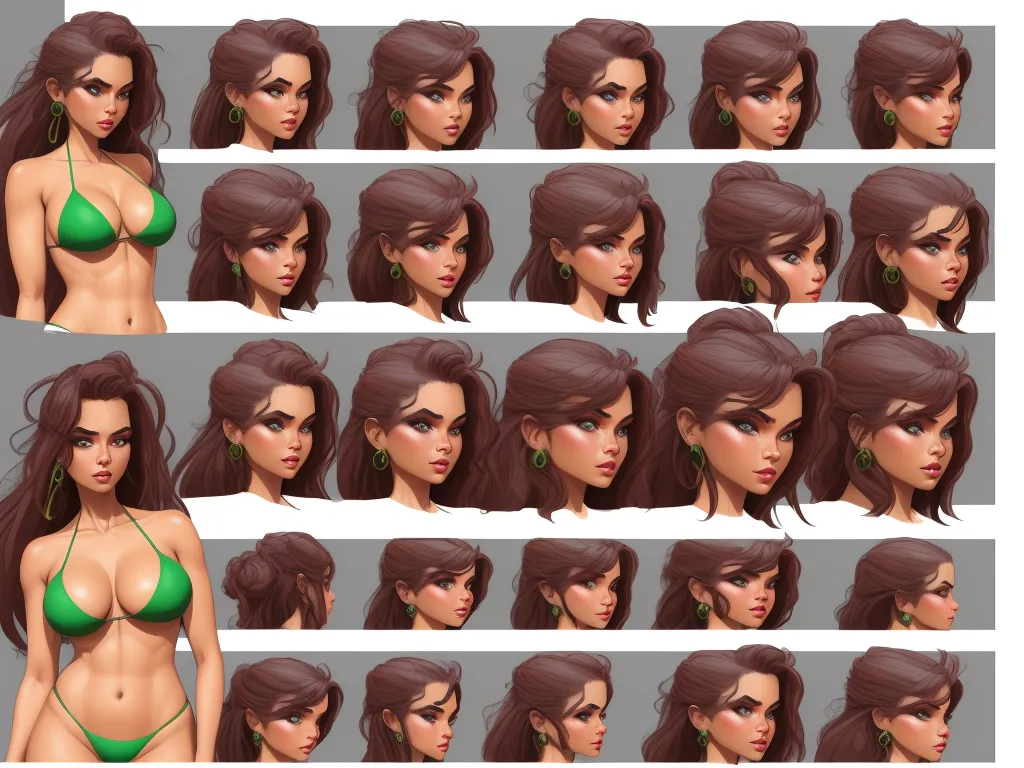 a woman in a green bikini poses for a picture with multiple angles of her body and head, all of which are in different angles, by Hanna-Barbera