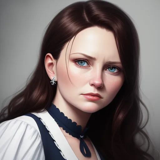 a woman with long hair and blue eyes wearing a white shirt and a black collared shirt with a collared neckline, by Daniela Uhlig