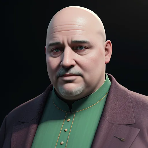 a man with a bald head and a green shirt and a purple jacket and a green shirt and a black background, by Chen Daofu