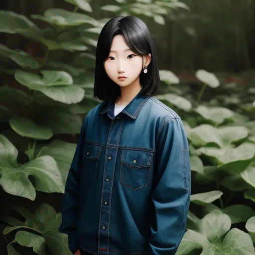 ai-generated images - a young woman standing in a field of green plants with a blue jacket on her shoulders and a white shirt on her chest, by Hsiao-Ron Cheng
