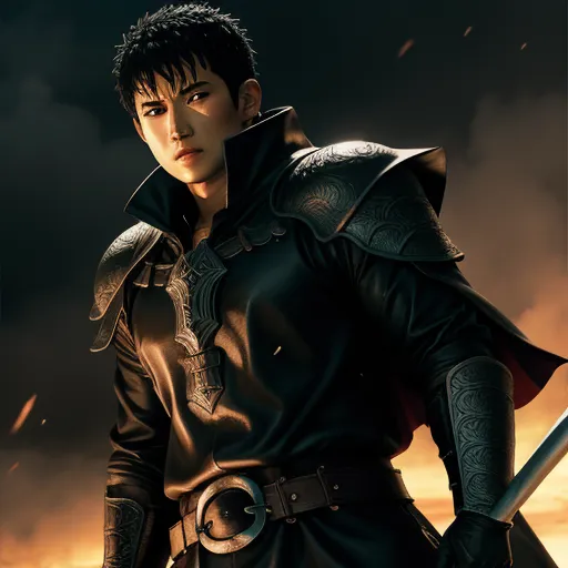 ai image enhancer - a man in a leather outfit holding a sword in front of a dark sky with clouds and lightnings, by Kentaro Miura