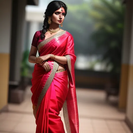 a woman in a red sari with gold accents on her head and shoulders, standing in a hallway, by Hendrik van Steenwijk I