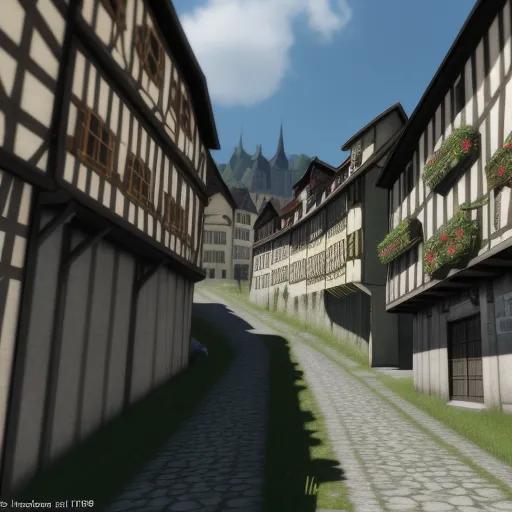 a computer generated image of a street with buildings and a cobblestone road leading to a castle like building, by E. T. A. Hoffmann