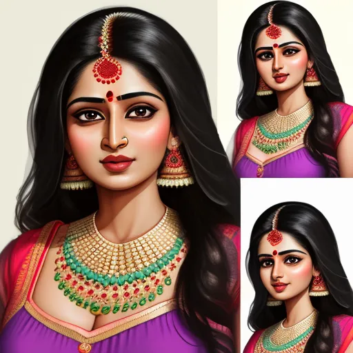 convert image to text ai - a woman in a purple dress with a necklace and earrings on her neck and shoulder, and a red and green necklace on her neck, by Raja Ravi Varma