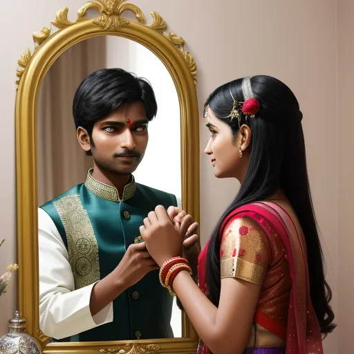 free ai text to image generator - a man and woman standing in front of a mirror together, both wearing traditional indian garb and jewelry, by Raja Ravi Varma