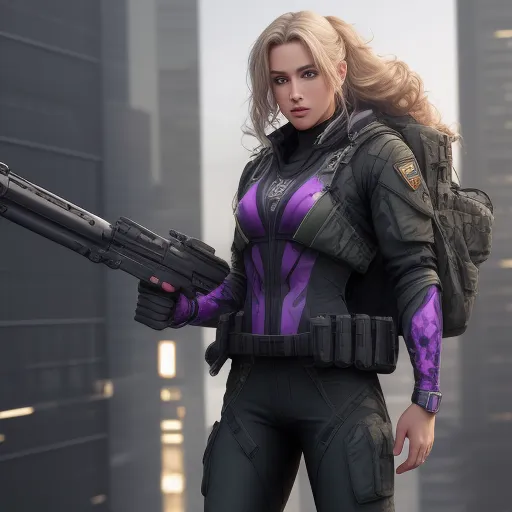 high resolution image - a woman in a futuristic suit holding a gun in her hand and looking at the camera with a city in the background, by François Quesnel