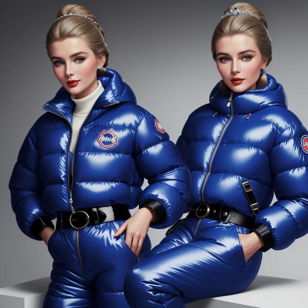 free ai text to image generator - two women in blue shiny outfits posing for a picture together, both wearing matching jackets and pants, one wearing a white turtle neck sweater, by Hendrik van Steenwijk I
