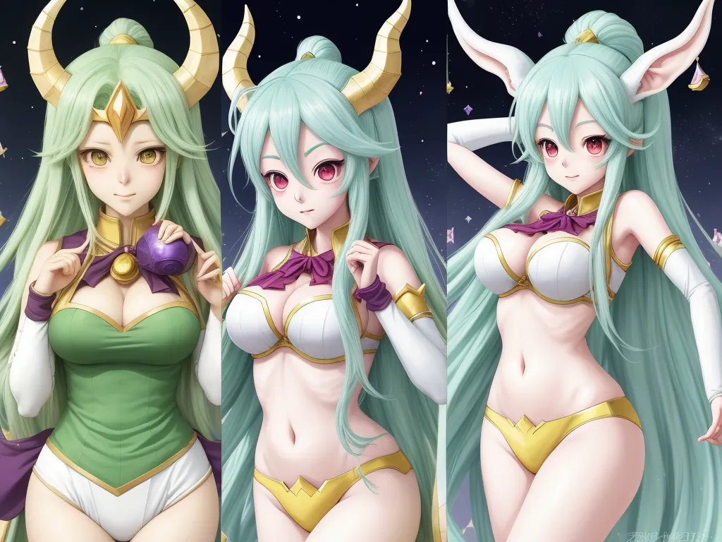 free ai photo enhancer software - three anime girls with long hair and horns on their heads and wearing lingerie outfits and bras, with stars in the background, by Toei Animations