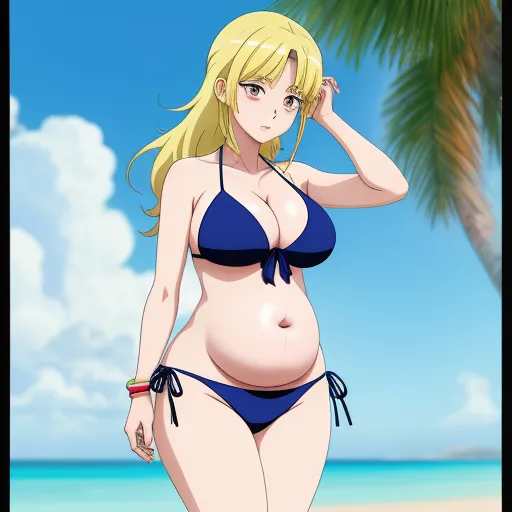 a cartoon picture of a woman in a bikini on the beach with a palm tree in the background and a blue sky, by Toei Animations