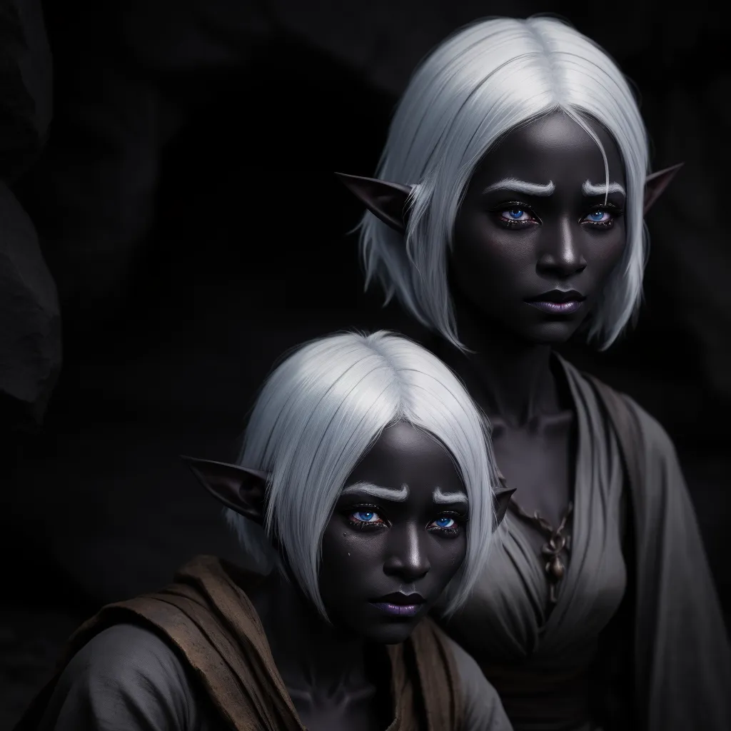 two women with white hair and blue eyes are standing in a cave with a dark background and one is wearing a white wig, by François Louis Thomas Francia