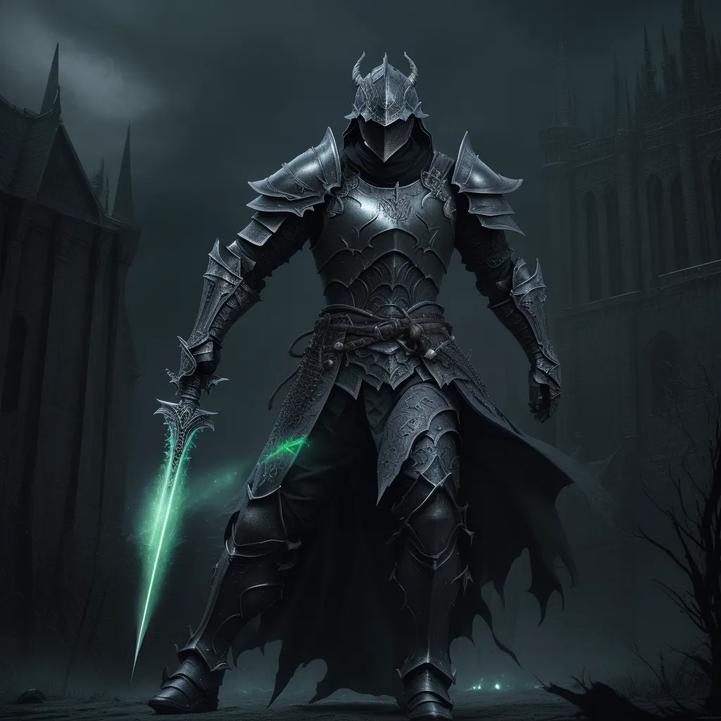 a man in a dark knight outfit holding a green light saber in his hand and a castle in the background, by Heinrich Danioth