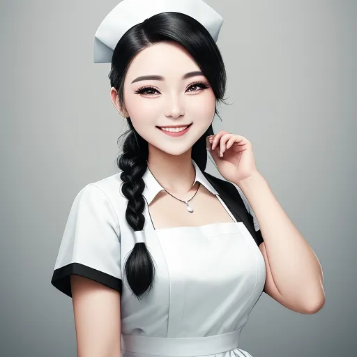 text to picture ai generator - a woman in a nurse outfit posing for a picture with a smile on her face and a ponytail in her hair, by Chen Daofu