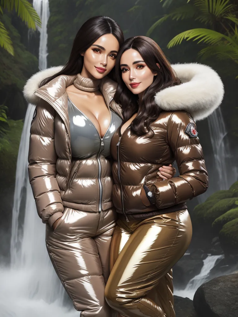 hd images - two women in shiny clothing standing next to a waterfall with a waterfall behind them and a waterfall behind them, by Botero