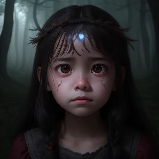 best ai picture generator - a girl with a creepy look on her face in a dark forest with a light shining on her head, by Daniela Uhlig