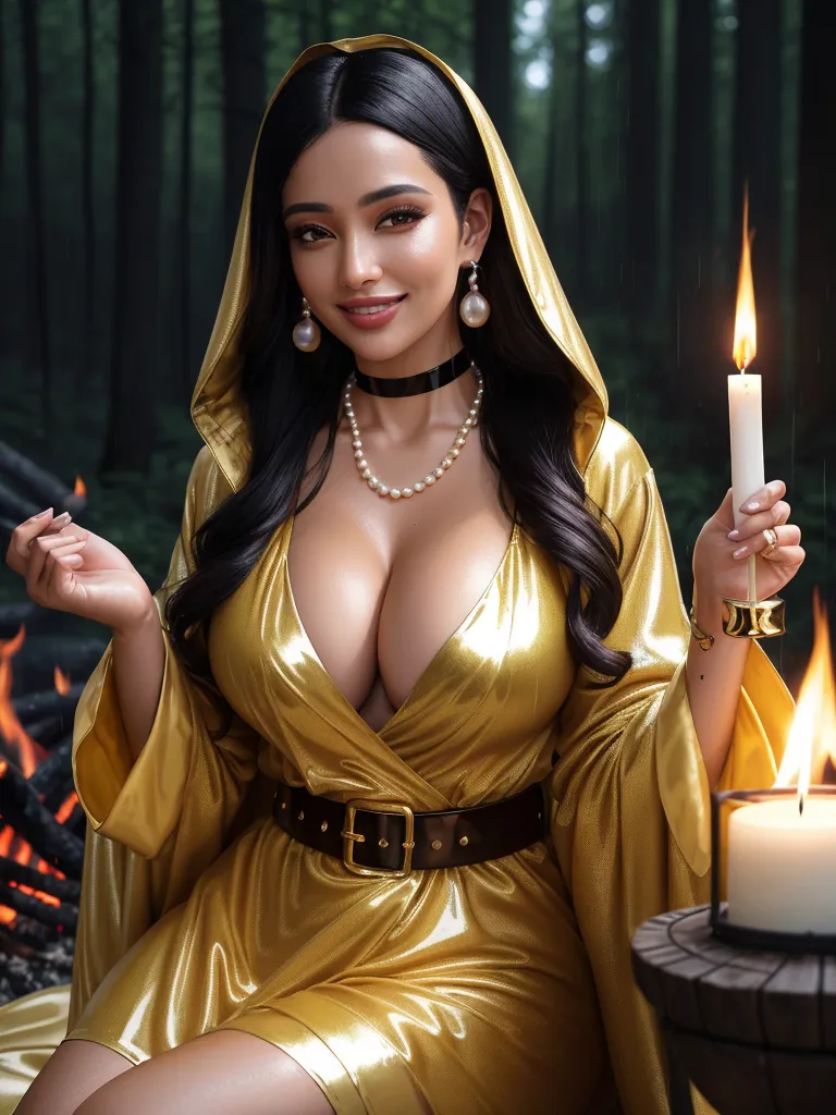 text to picture ai generator - a woman in a gold dress holding a candle and a candle holder in her hand, in front of a fire, by Terada Katsuya