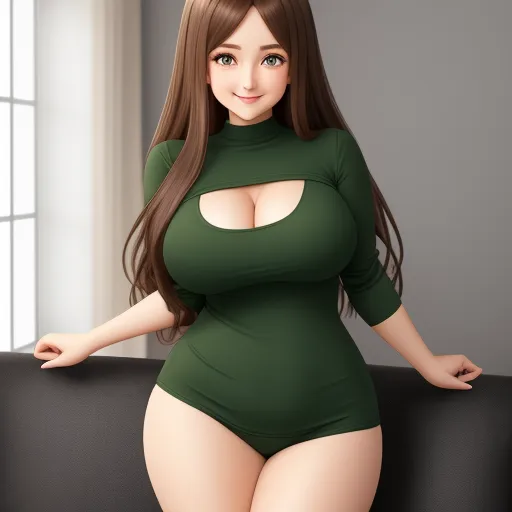 text to images ai - a woman in a green bodysuit posing for a picture with her hands on her hips and her right hand on her hips, by Akira Toriyama