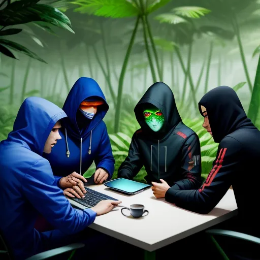 a group of people sitting at a table with a laptop computer in front of them and a green mask on, by Cyril Rolando