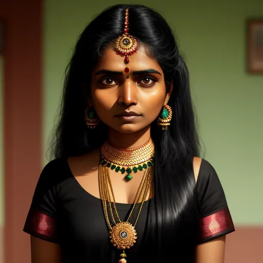 a woman with long black hair wearing a necklace and earrings with a green background and a green wall behind her, by Raja Ravi Varma