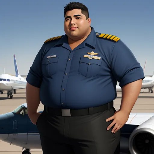 a man in a blue uniform standing in front of a plane on the tarmac with a jet behind him, by Fernando Botero