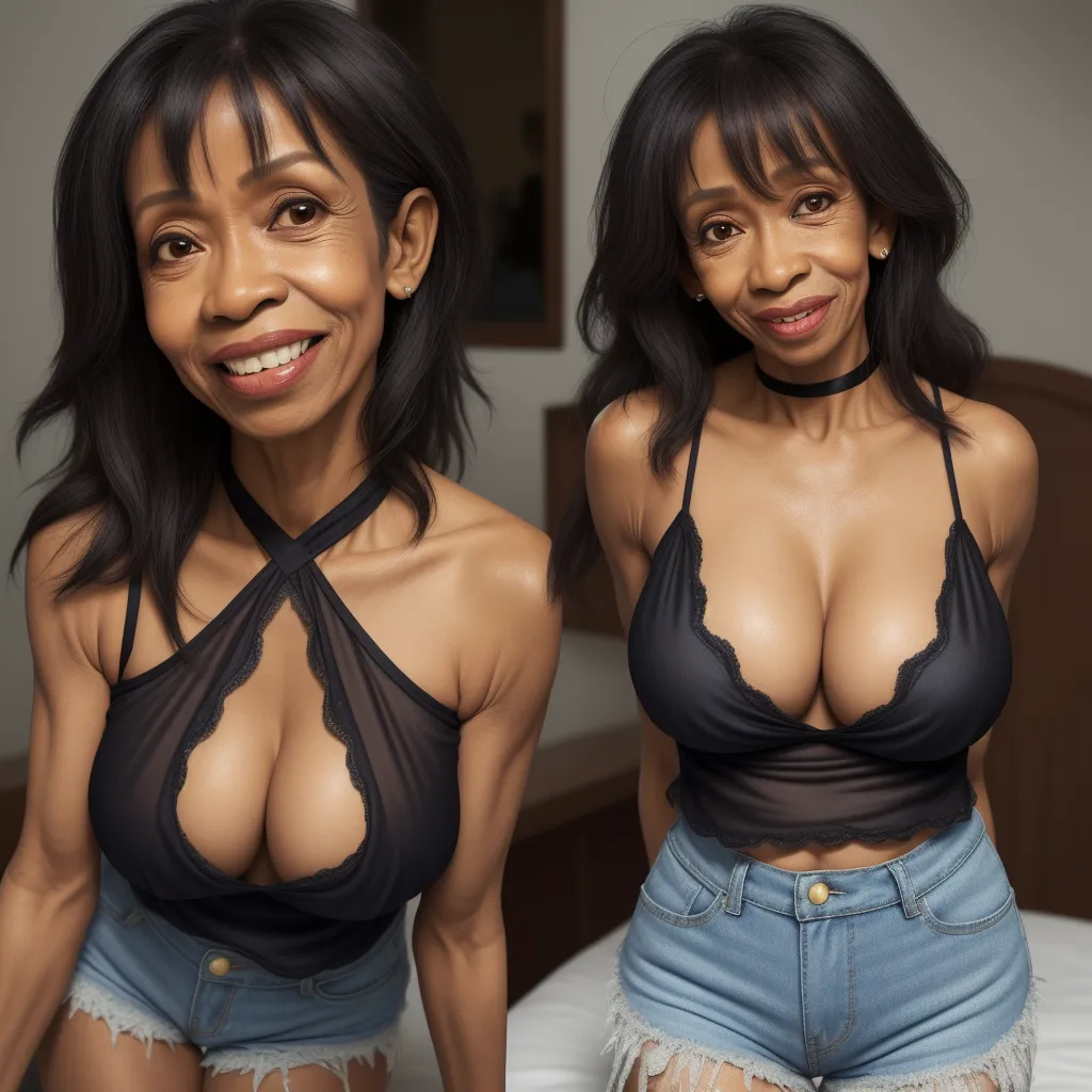 best free text to image ai - a woman in a black top and jean shorts posing for a picture with her breasts exposed and her shirt open, by Terada Katsuya