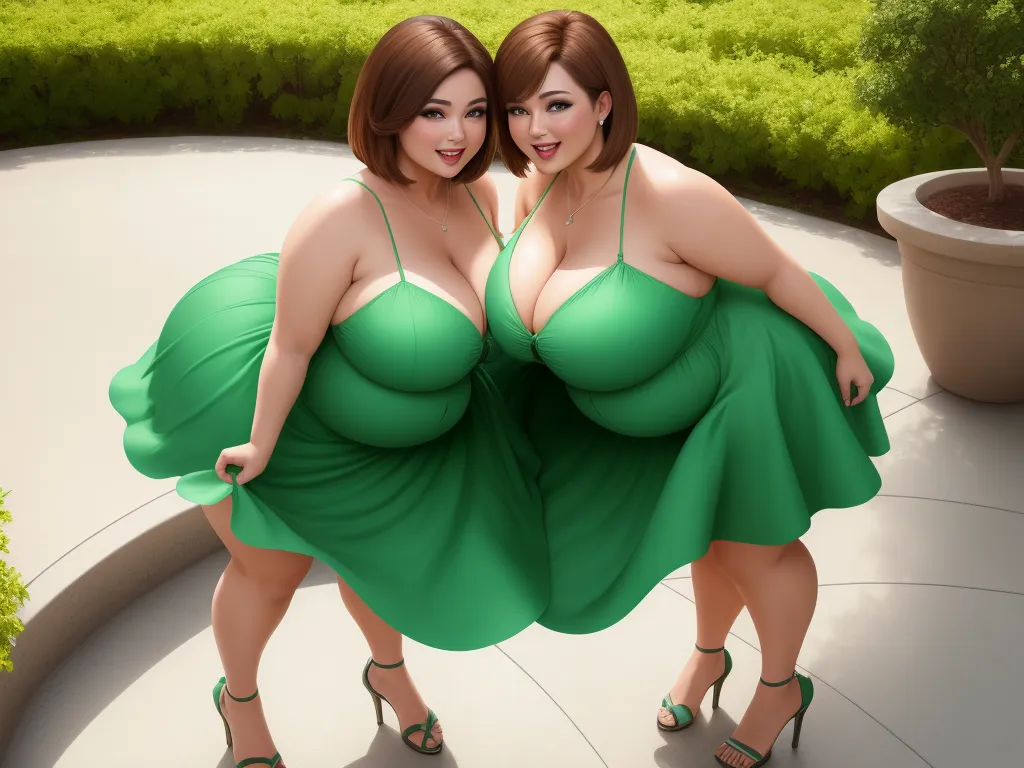 ai image generator online - two women in green dresses posing for a picture together in a garden area with a potted plant behind them, by Terada Katsuya