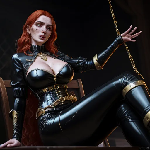 ultra high resolution images free - a woman in a black catsuit sitting on a chair with a chain around her neck and hands on her hips, by Heinrich Danioth