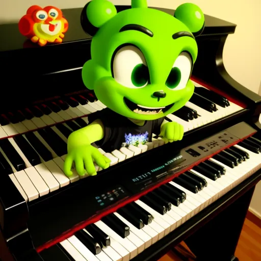 a green monster sitting on top of a piano keyboard next to a toy owl and a toy owl on top of it, by Craola