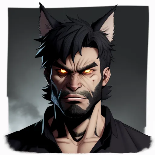 a man with a cat's head and a black shirt on, with a red eye and a black shirt on, by Lois van Baarle