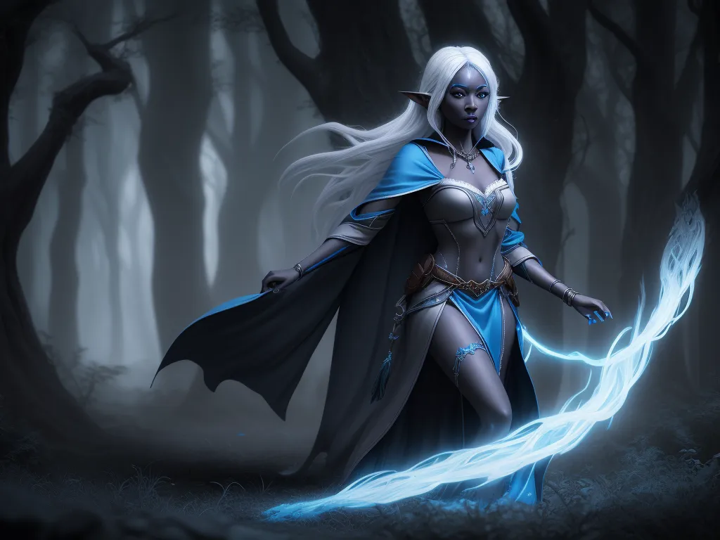 how to make image higher resolution - a woman in a blue dress with a white hair and a blue cape is standing in a forest with a blue light, by Antonio J. Manzanedo