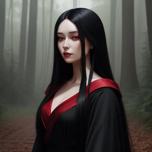 convert image to text ai - a woman with long black hair and a red dress in a forest with trees and leaves on the ground, by Hsiao-Ron Cheng