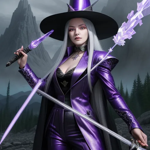 translate image online - a woman in a purple outfit holding two swords and a hat on her head, with a mountain in the background, by Terada Katsuya