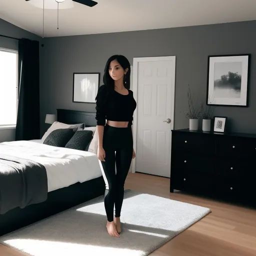 4k quality photo converter - a woman standing in a bedroom next to a bed and dressers with a white rug on the floor, by Hendrik van Steenwijk I
