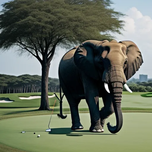 an elephant is walking on a golf course with a golf ball in the foreground and a tree in the background, by Hendrik van Steenwijk I