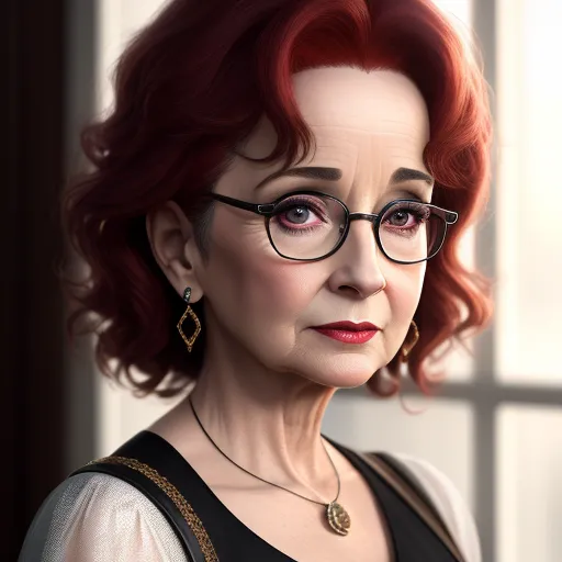 a woman with red hair and glasses is looking at the camera with a serious look on her face and shoulder, by Lois van Baarle