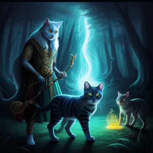 ai image genorator - a cat and a cat in a forest with a wizard holding a staff and a glowing light in the background, by Louis Wain