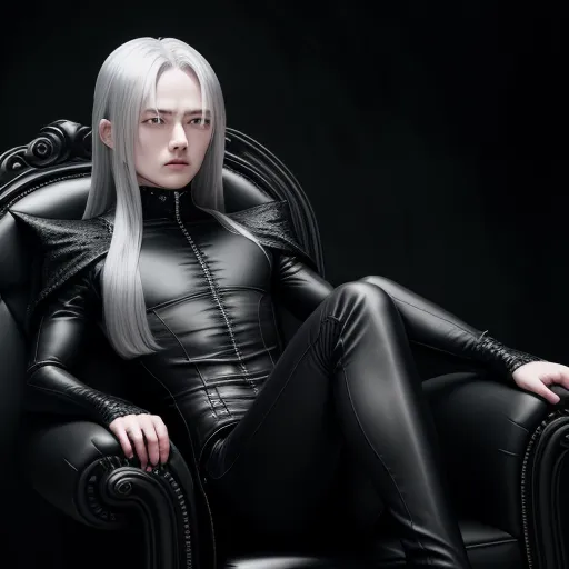 a woman in a black leather outfit sitting on a chair with her legs crossed and her legs crossed,, by Chen Daofu