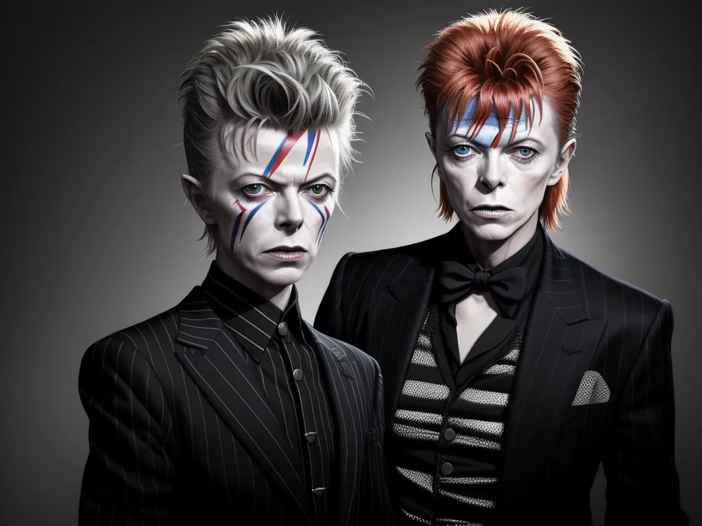 two men with painted faces and hair standing next to each other in a black suit and tie with a striped shirt, by David Bowie