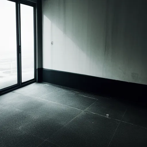 a room with a large window and a door leading to a balcony with a view of a city outside, by Akos Major