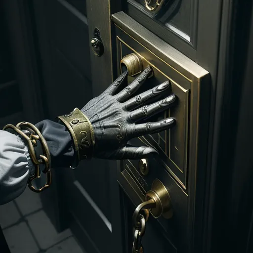 a person wearing gloves and holding a door handle with their hands on a door handle with a chain around it, by Hendrick Goudt