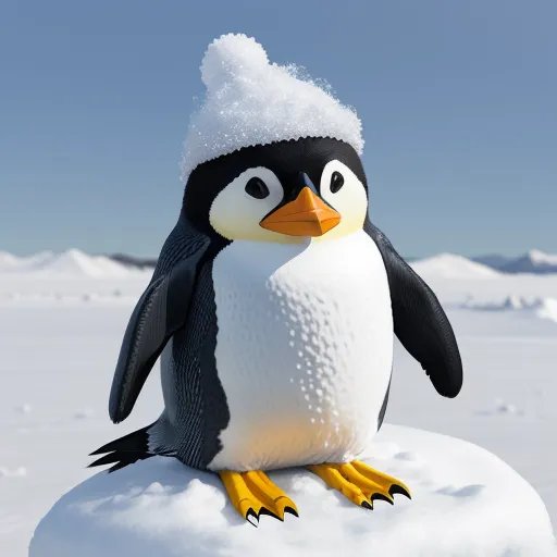 a penguin with a hat on top of a snow covered hill in the snow, with mountains in the background, by NHK Animation